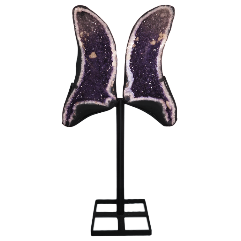 Butterfly crystal wings made from one geode split in half, mounted as a symmetrical display.
