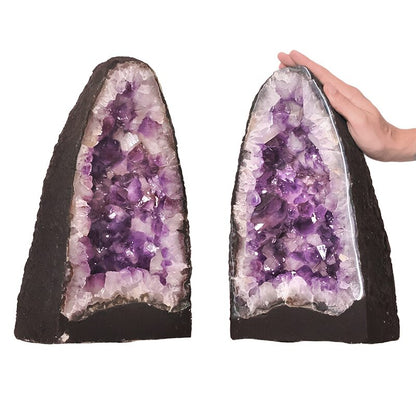 Amethyst geodes displayed as a pair showing stunning natural symmetry.