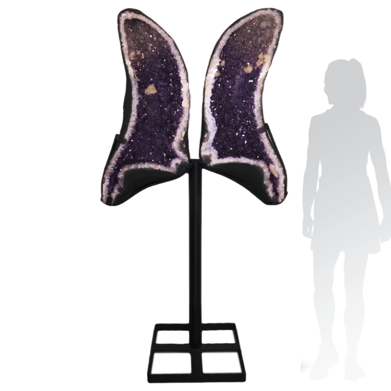 Amethyst butterfly wings showing natural crystal symmetry on metal stand.