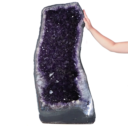 Amethyst crystal cave with deep purple points and a natural outer shell.