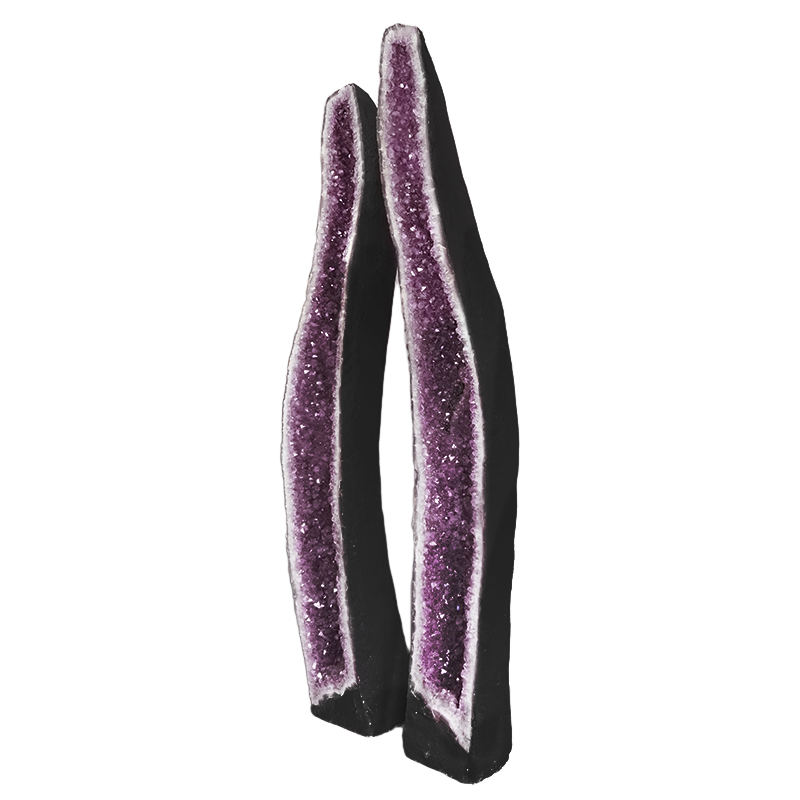 Giant amethyst geode with two halves standing side by side.